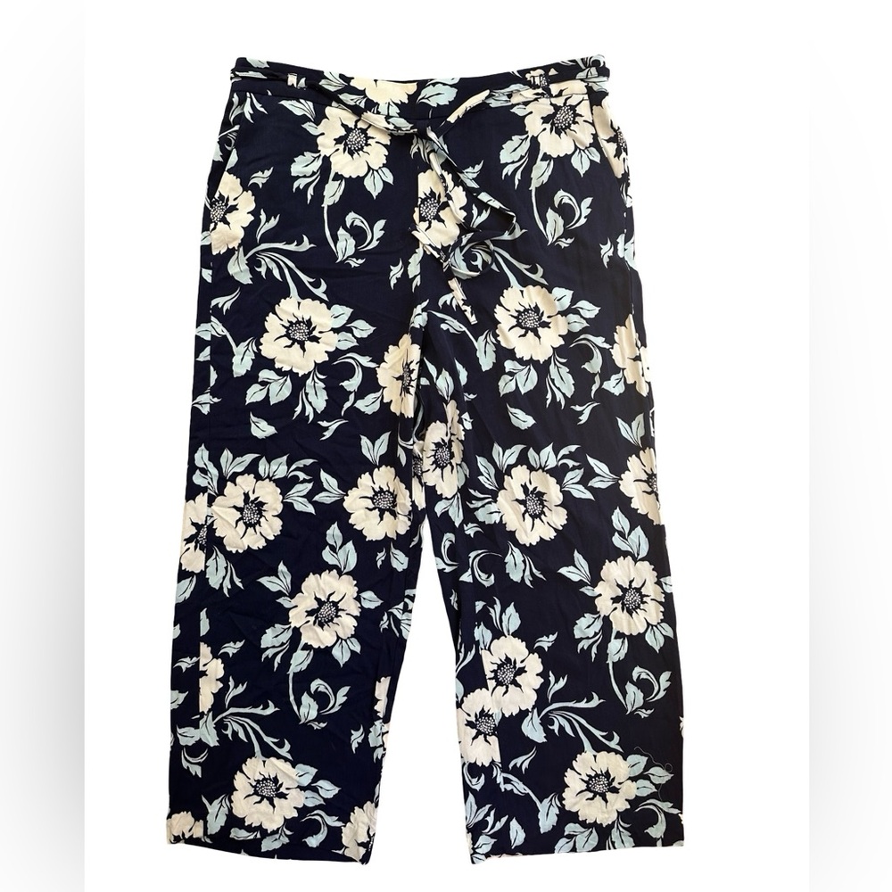 Talbots Wide Leg Pull On Belted Pants Delightful Flowers Blue Floral XLP - Picture 2 of 8